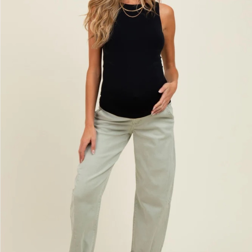 Light Olive Rolled Cuff Barrel Maternity Jeans